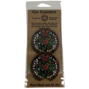 Car Coasters Poinsettia Stain-Glass Christmas Happy Holidays Set of 2 Neoprene